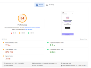 WinkyHosted PageSpeed test results. Mobile Score.