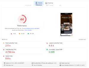 Screenshot of SquareSpace's Page Speed test score on Mobile. Measured 44pts.