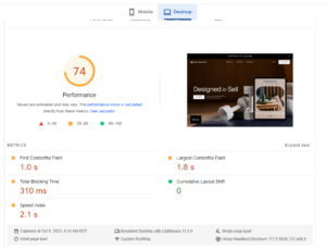 Screenshot of SquareSpace's Page Speed test score on Desktop. Measured 74pts.